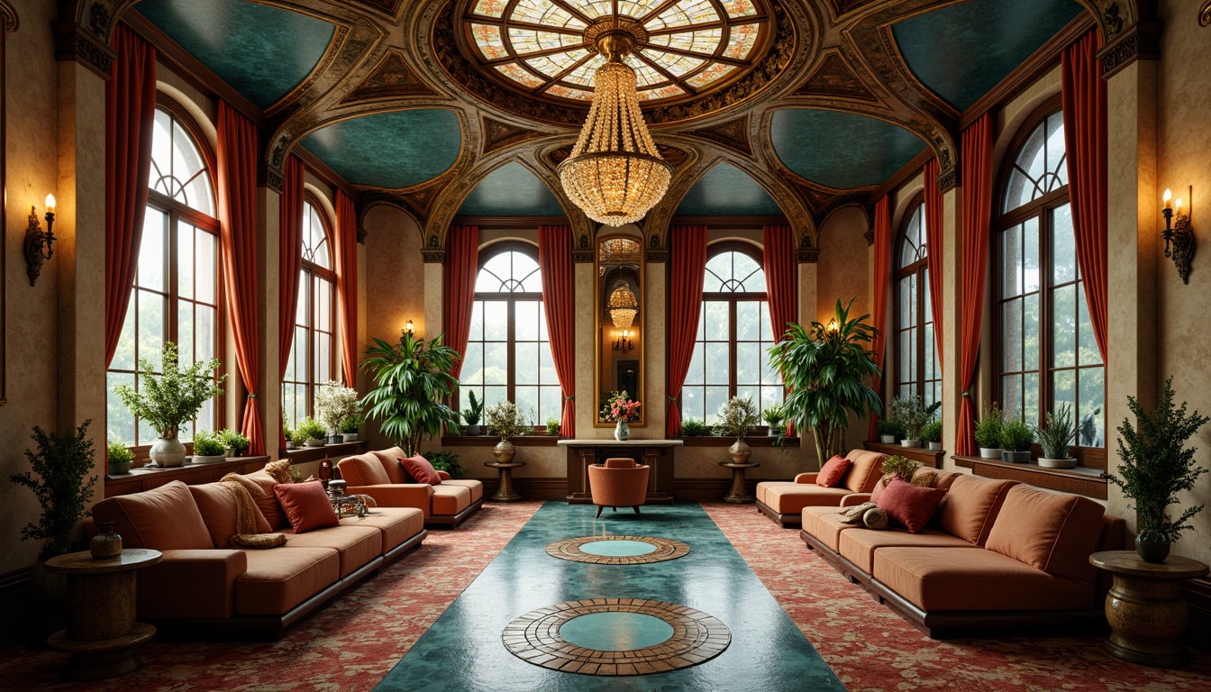 Prompt: Elegant Art Nouveau interior, flowing organic lines, sinuous curves, ornate metalwork, stained glass windows, intricate mosaics, luxurious fabrics, velvet drapes, satin upholstery, rich wood tones, carved wooden furniture, ornate mirrors, subtle golden accents, soft warm lighting, 1/1 composition, shallow depth of field, warm beige walls, deep blue ceilings, earthy red floors, vibrant turquoise accents, subtle bronze highlights.