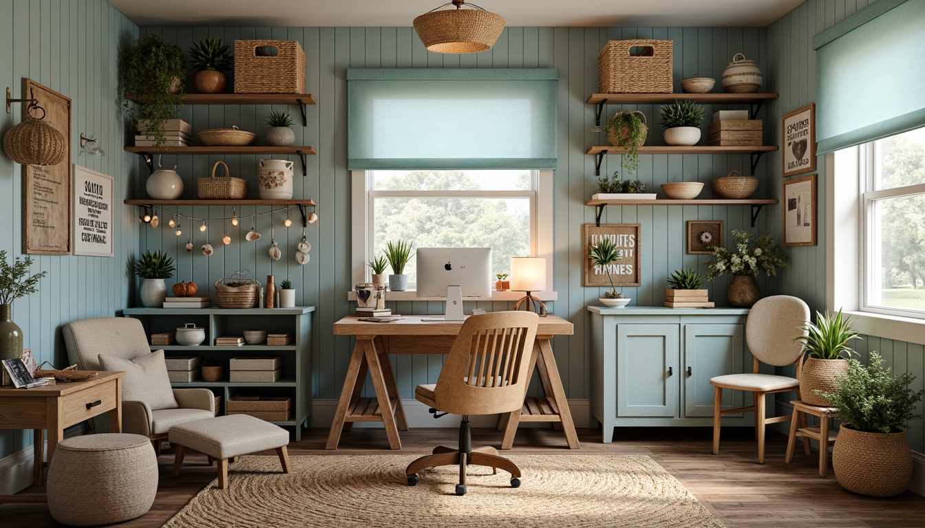 Prompt: Cozy coastal craft room, driftwood shelves, woven wicker baskets, natural jute rug, distressed wood furniture, vintage nautical decor, soft blue-green color palette, ocean-inspired textiles, seashell ornaments, twinkling string lights, warm candlelight, rustic wooden crates, overflowing art supplies, creative workstation, ergonomic chair, inspirational quotes, calming sea breeze sounds, 1/1 composition, shallow depth of field, realistic textures, ambient occlusion.