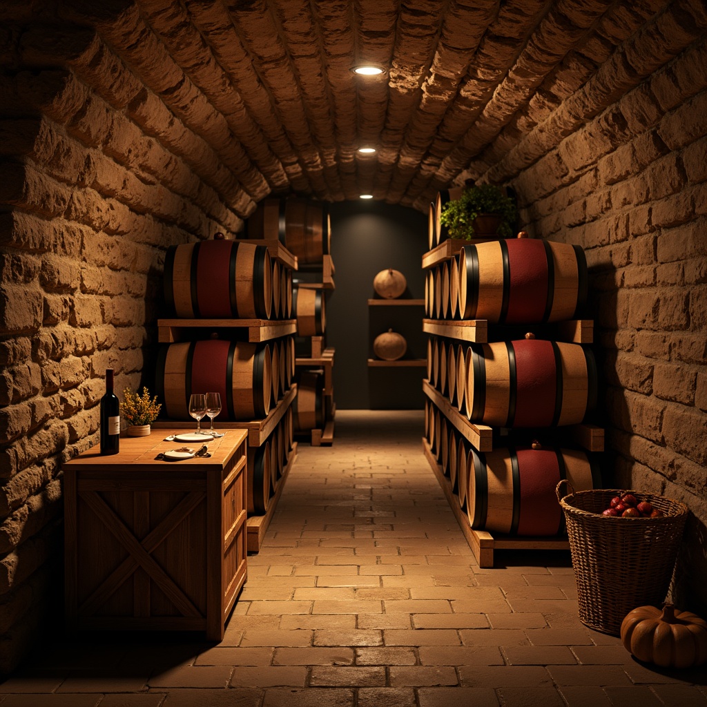 Prompt: Earth-toned cellar, rustic stone walls, wooden wine racks, dim warm lighting, rich leathery textures, vintage wine barrels, aged wooden crates, soft golden hues, muted crimson tones, distressed wood accents, cozy intimate atmosphere, subtle shadows, dramatic chiaroscuro, 1/1 composition, realistic reflections, ambient occlusion.