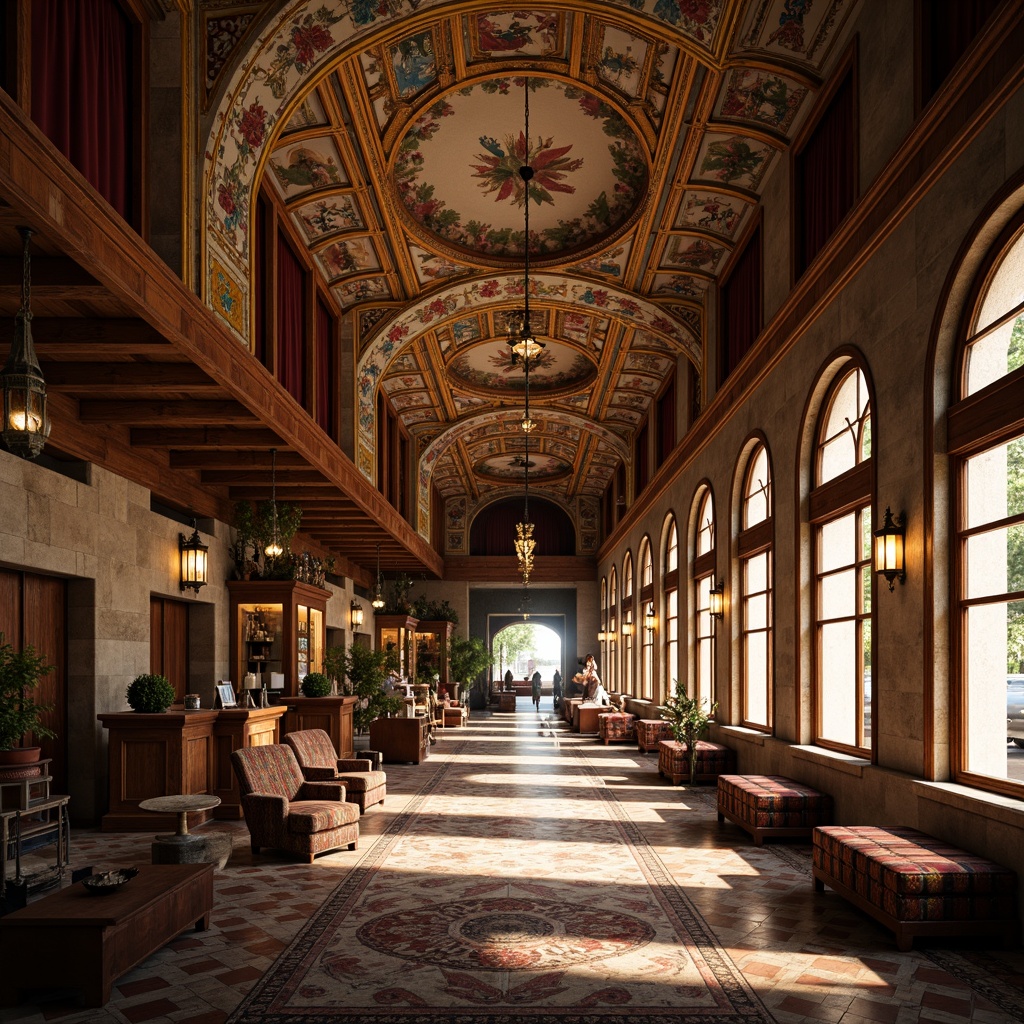 Prompt: Renaissance-style marketplace interior, ornate wooden beams, rustic stone walls, vibrant fresco ceilings, intricate mosaic floors, luxurious velvet drapes, antique furniture pieces, ornamental lanterns, rich tapestries, warm golden lighting, soft ambient shadows, detailed normal maps, realistic texture overlays, high-dynamic-range rendering, cinematic camera angles, 1/2 composition, atmospheric perspective.