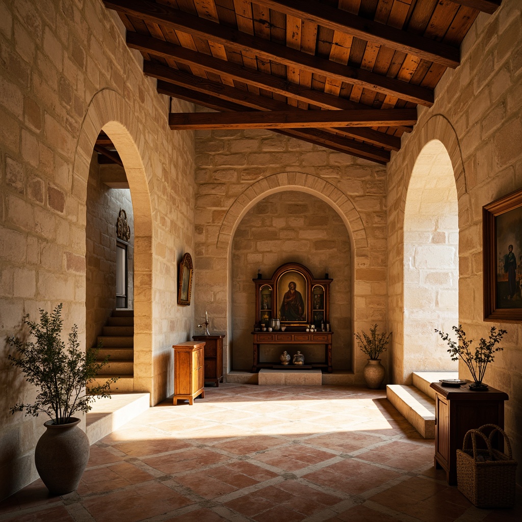 Prompt: Warm monastery interior, natural light pouring in, rustic stone walls, wooden beam ceiling, terracotta flooring, cozy alcoves, ornate religious artifacts, soft warm lighting, shallow depth of field, 3/4 composition, panoramic view, realistic textures, ambient occlusion, serene atmosphere, Mediterranean color palette, earthy tones, creamy whites, warm beige, subtle arches, elegant columns, intricate mosaics.