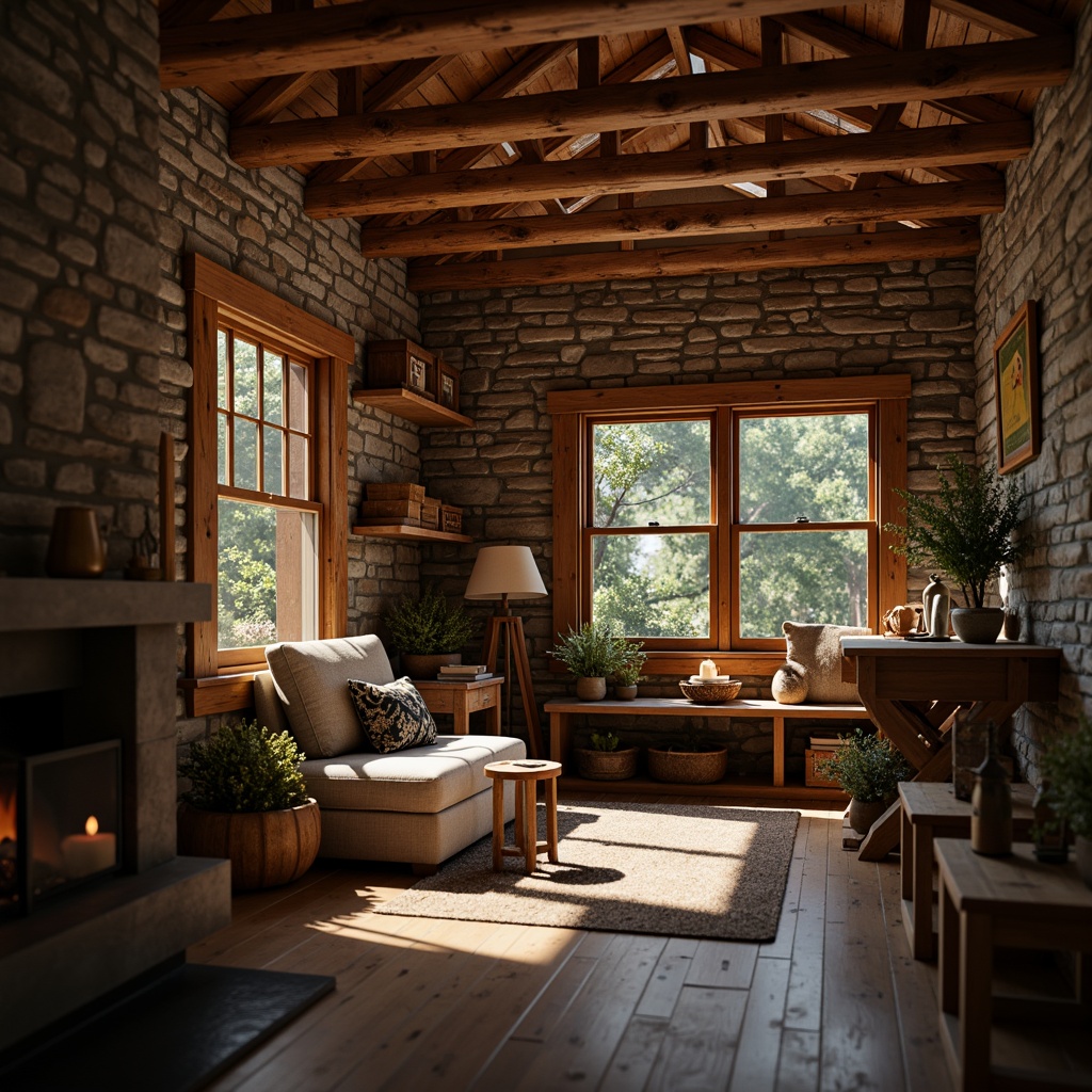 Prompt: Rustic cabin, wooden accents, natural stone walls, reclaimed wood flooring, earthy color palette, distressed finishes, exposed beams, wooden furniture, vintage decor, lantern lighting, warm cozy atmosphere, soft candlelight, shallow depth of field, 1/1 composition, realistic textures, ambient occlusion.