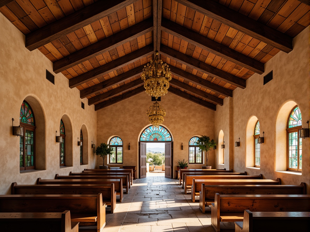 Prompt: Vaulted ceiling, wooden beams, rustic charm, adobe architecture, earthy tones, warm golden lighting, ornate chandeliers, stained glass windows, vibrant turquoise accents, traditional Native American patterns, geometric motifs, spiritual symbols, rustic wood pews, stone floors, arched doorways, colonial Spanish influence, weathered exterior walls, desert landscape views, soft warm natural light, 1/1 composition, realistic textures.