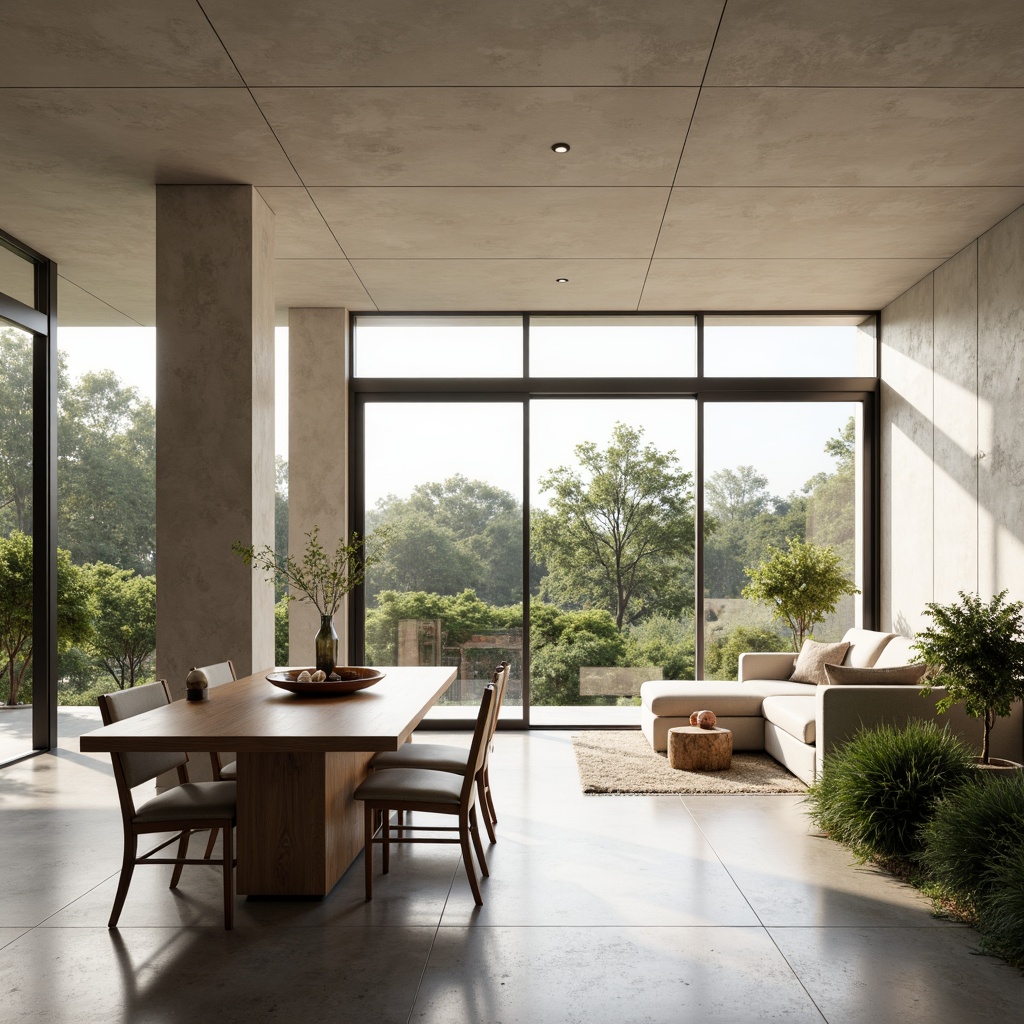 Prompt: Minimalist living room, natural light pouring in, large windows, sliding glass doors, neutral color palette, sleek low-profile furniture, polished concrete floors, industrial chic decor, greenery accents, potted plants, airy atmosphere, soft warm lighting, shallow depth of field, 1/1 composition, realistic textures, ambient occlusion.