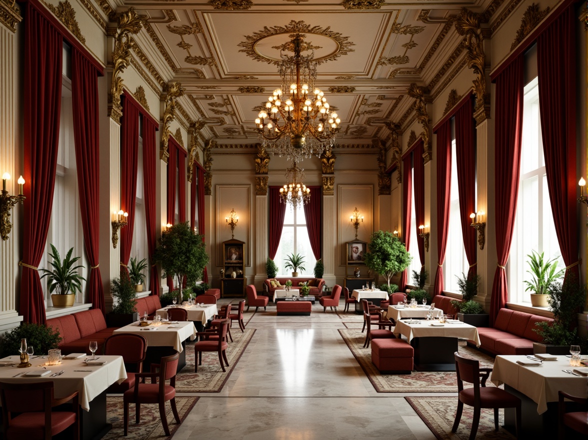 Prompt: Luxurious dining hall, high ceiling, grand chandelier, intricate moldings, marble floors, ornate columns, rich textiles, velvet drapes, golden accents, elegant furniture, refined upholstery, subtle patterns, classic motifs, stately atmosphere, soft warm lighting, shallow depth of field, 1/1 composition, realistic textures, ambient occlusion.