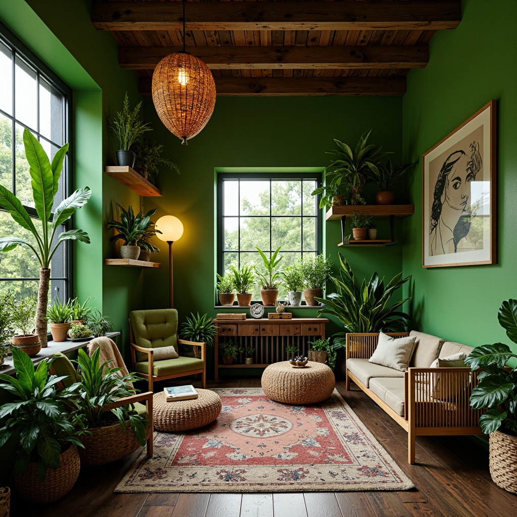 Prompt: Vibrant green walls, lush foliage, natural textures, woven bamboo planters, rustic wooden accents, earthy tone color palette, organic shapes, whimsical decor, lively atmosphere, warm soft lighting, shallow depth of field, 1/2 composition, intimate scale, cozy nooks, inviting seating areas, playful patterns, eclectic accessories, bohemian vibe, relaxed ambiance.