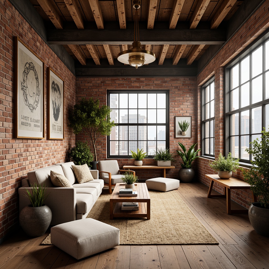 Prompt: Exposed brick walls, reclaimed wood accents, metal beams, high ceilings, industrial-style lighting, rustic wooden floors, comfortable plush furnishings, vintage decorative items, natural textiles, earthy color palette, warm cozy atmosphere, large windows, abundance of natural light, urban city views, modern minimalist decor, functional open layout, eclectic artistic touches, distressed finishes, soft warm glow, shallow depth of field, 1/1 composition, realistic textures.