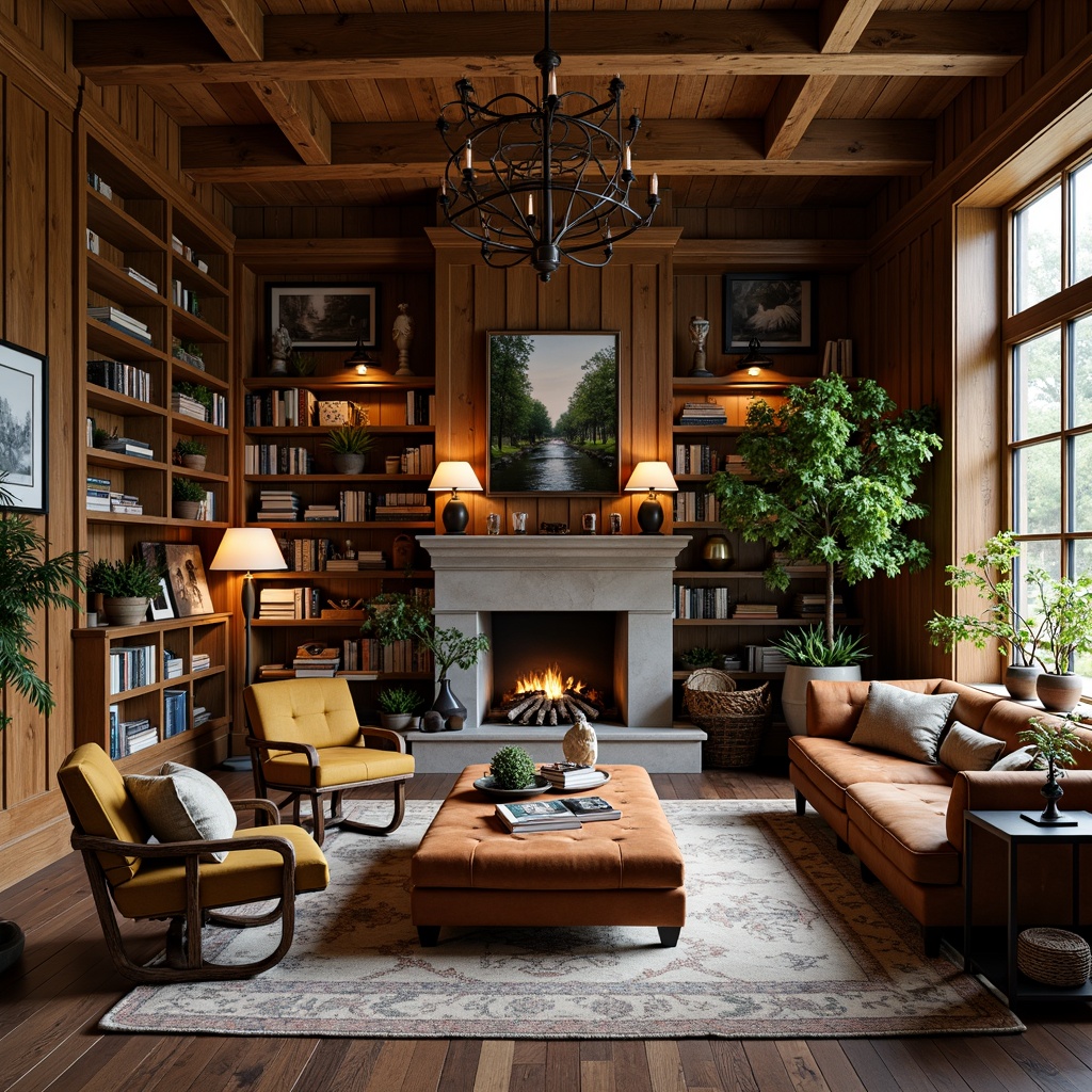 Prompt: Rustic farmhouse library, wooden bookshelves, plush armchairs, velvet ottomans, vintage reading lamps, distressed leather sofas, natural wood flooring, stone fireplaces, woven baskets, potted plants, soft warm lighting, cozy throw blankets, earthy color palette, traditional architecture, ornate metalwork, classic novels, worn wooden tables, comfortable window seats, nature-inspired artwork, serene atmosphere.