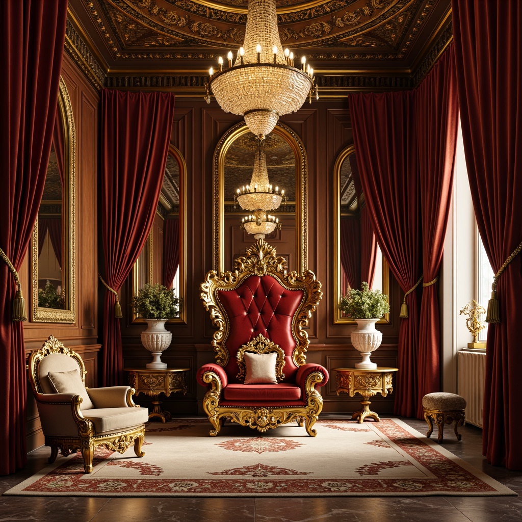 Prompt: Opulent throne chairs, intricately carved wooden furnishings, gilded ornate mirrors, velvet drapes, lavish chandeliers, marble floors, ornamental vases, golden accents, grandiose architectural elements, sweeping curves, dramatic lighting, richly patterned rugs, luxurious fabrics, imposing sculptures, grand scale, symmetrical composition, warm golden colors, highly detailed textures, realistic reflections.