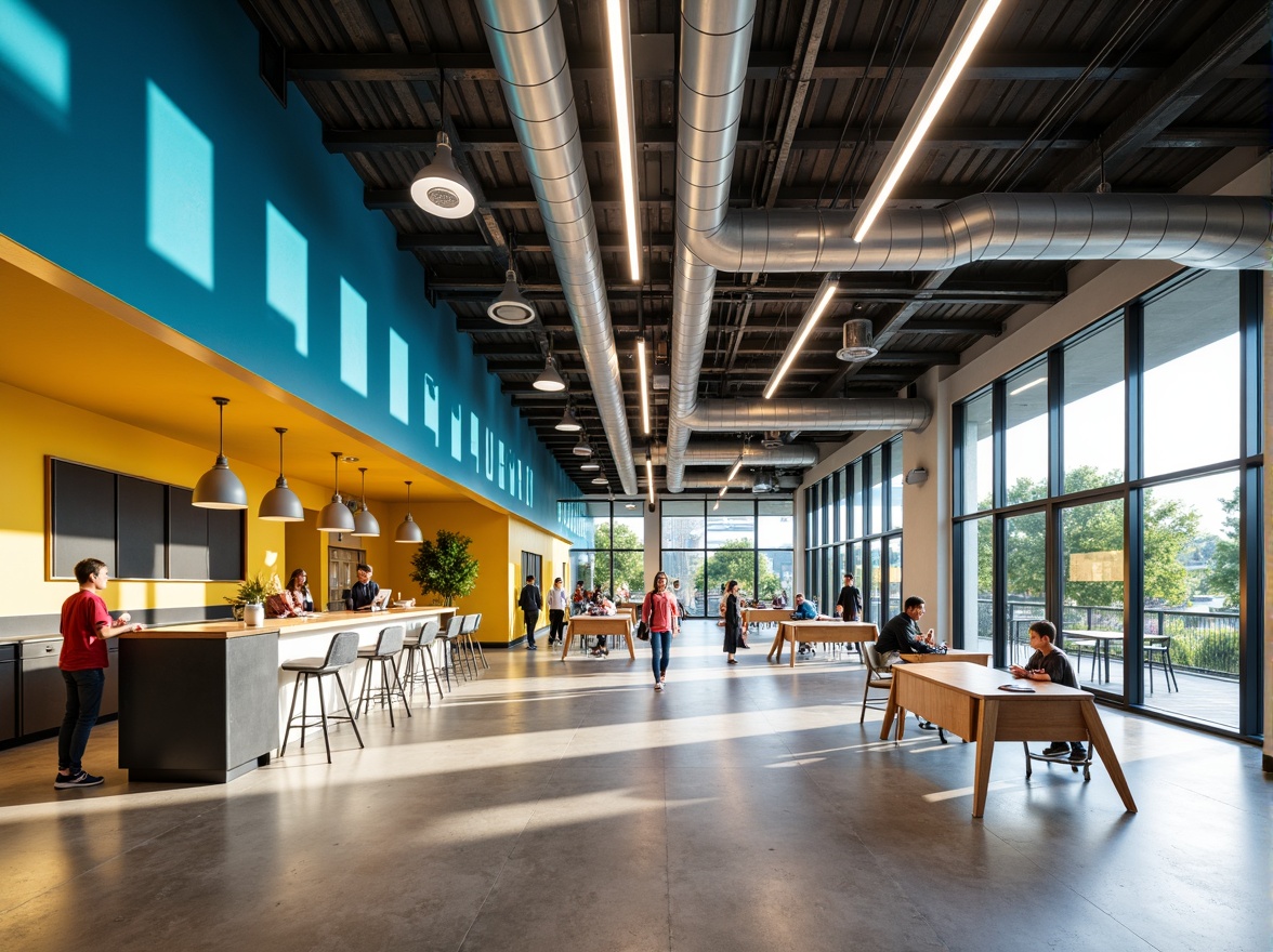 Prompt: Vibrant youth center, modern industrial design, exposed ductwork, polished concrete floors, bright color scheme, LED strip lights, hanging pendant lamps, metal shade fixtures, energy-efficient lighting, natural daylight, clerestory windows, transparent glass walls, lively atmosphere, dynamic shadows, 3/4 composition, panoramic view, realistic textures, ambient occlusion.