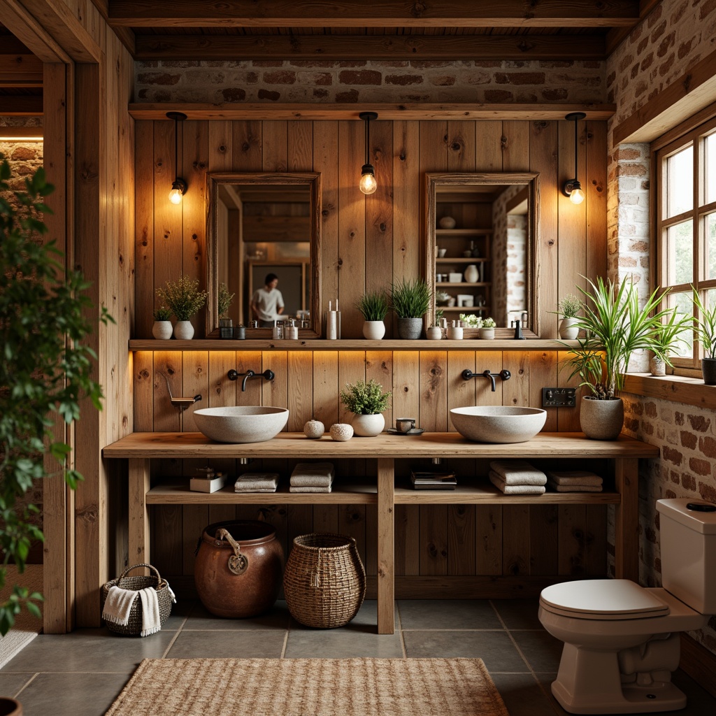 Prompt: Rustic bathroom, earthy tones, warm wooden accents, reclaimed wood vanities, stone sink basins, copper fixtures, soft golden lighting, natural textures, woven baskets, potted greenery, distressed finishes, vintage decorative items, brick walls, wooden beams, country-inspired decor, cozy ambiance, relaxing atmosphere, shallow depth of field, 1/1 composition, warm color palette.