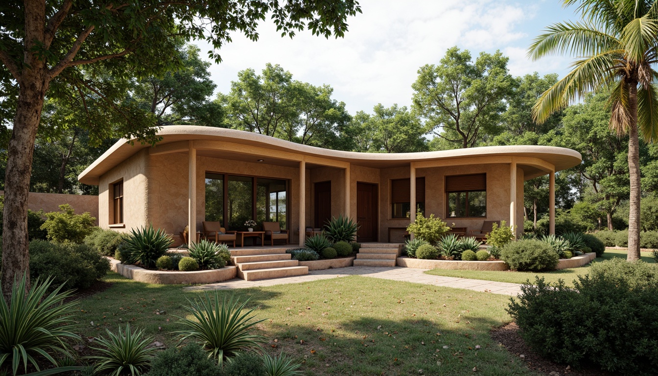 Prompt: Organic pavilion, curved lines, flat roofs, clerestory windows, natural wood textures, rough stone walls, mid-century modern architecture, warm earthy tones, lush greenery, tropical plants, shaded outdoor spaces, soft diffused lighting, 1/1 composition, realistic renderings, ambient occlusion.