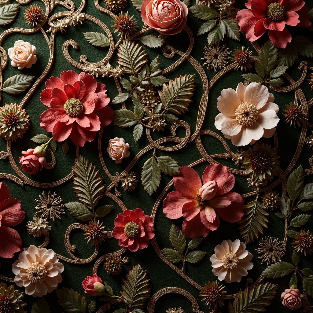 Prompt: Intricate botanical patterns, flowing organic shapes, sinuous lines, elegant curves, luxurious velvet fabrics, rich jewel-toned colors, ornate metalwork, beaded embroidery, delicate lace details, subtle sheen, natural silk textures, soft warm lighting, 1/1 composition, intimate close-up view, realistic fabric rendering, ambient occlusion.