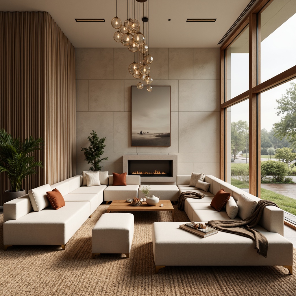 Prompt: Luxurious living room, plush velvet sofas, soft silk cushions, woven jute rugs, natural wood accents, warm beige walls, elegant chandeliers, floor-to-ceiling windows, drapery with subtle patterns, velvety smooth throw blankets, comfortable ottomans, richly textured upholstery, metallic gold legs, refined minimalist decor, abundant natural light, gentle warm ambiance, soft focus photography, 1/2 composition, atmospheric lighting.