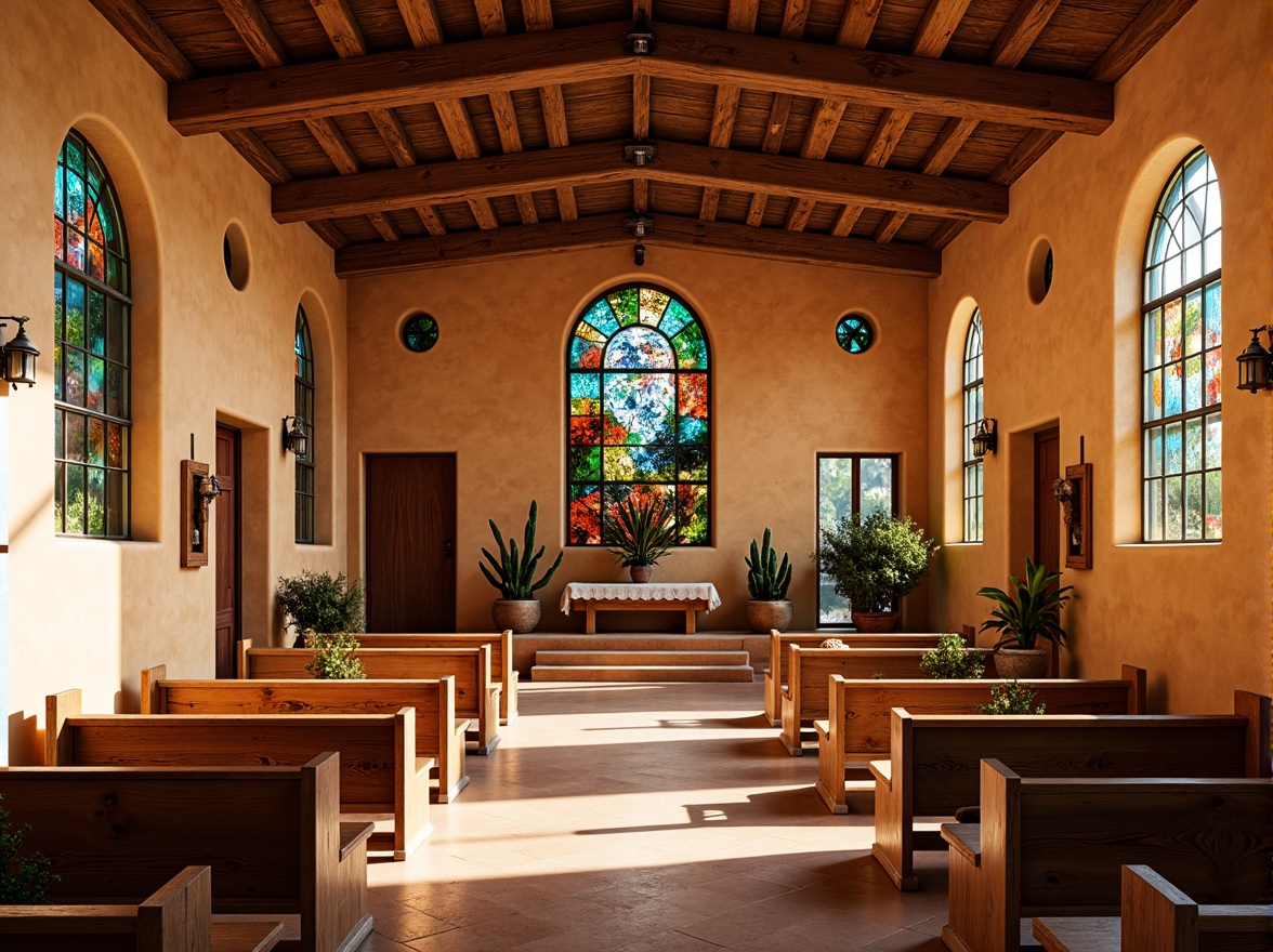 Prompt: Vibrant southwestern churches, ornate stained glass windows, warm earthy tones, turquoise accents, desert botanicals, cacti, adobe architecture, rustic wooden pews, vibrant geometric patterns, bold colorful murals, intricate stone carvings, arched doorways, sun-drenched interiors, soft warm lighting, shallow depth of field, 3/4 composition, panoramic view, realistic textures, ambient occlusion.