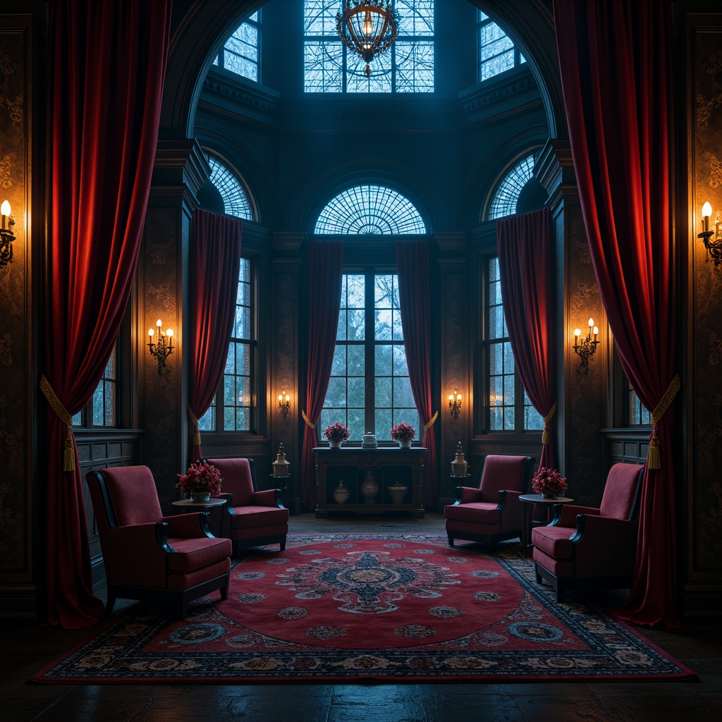 Prompt: Dark mysterious mansion, rich velvet drapes, ornate wooden furnishings, dimly lit candelabras, eerie shadows, cold stone walls, grand high ceilings, intricate stained glass windows, luxurious jewel-toned upholstery, crimson red accents, midnight blue hues, dark wood paneling, mystical ancient artifacts, foggy misty atmosphere, soft warm candlelight, dramatic chiaroscuro, 1/1 composition, moody atmospheric rendering.