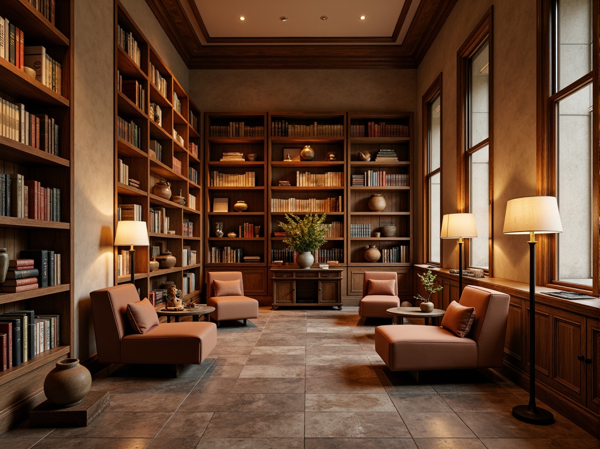 Prompt: Rich wooden shelves, warm beige walls, cozy reading nooks, plush velvet armchairs, vintage book collections, elegant metal lamps, soft golden lighting, natural stone floors, earthy terracotta vases, rustic wooden tables, comfortable pillows, serene atmosphere, 1/1 composition, shallow depth of field, realistic textures, ambient occlusion.