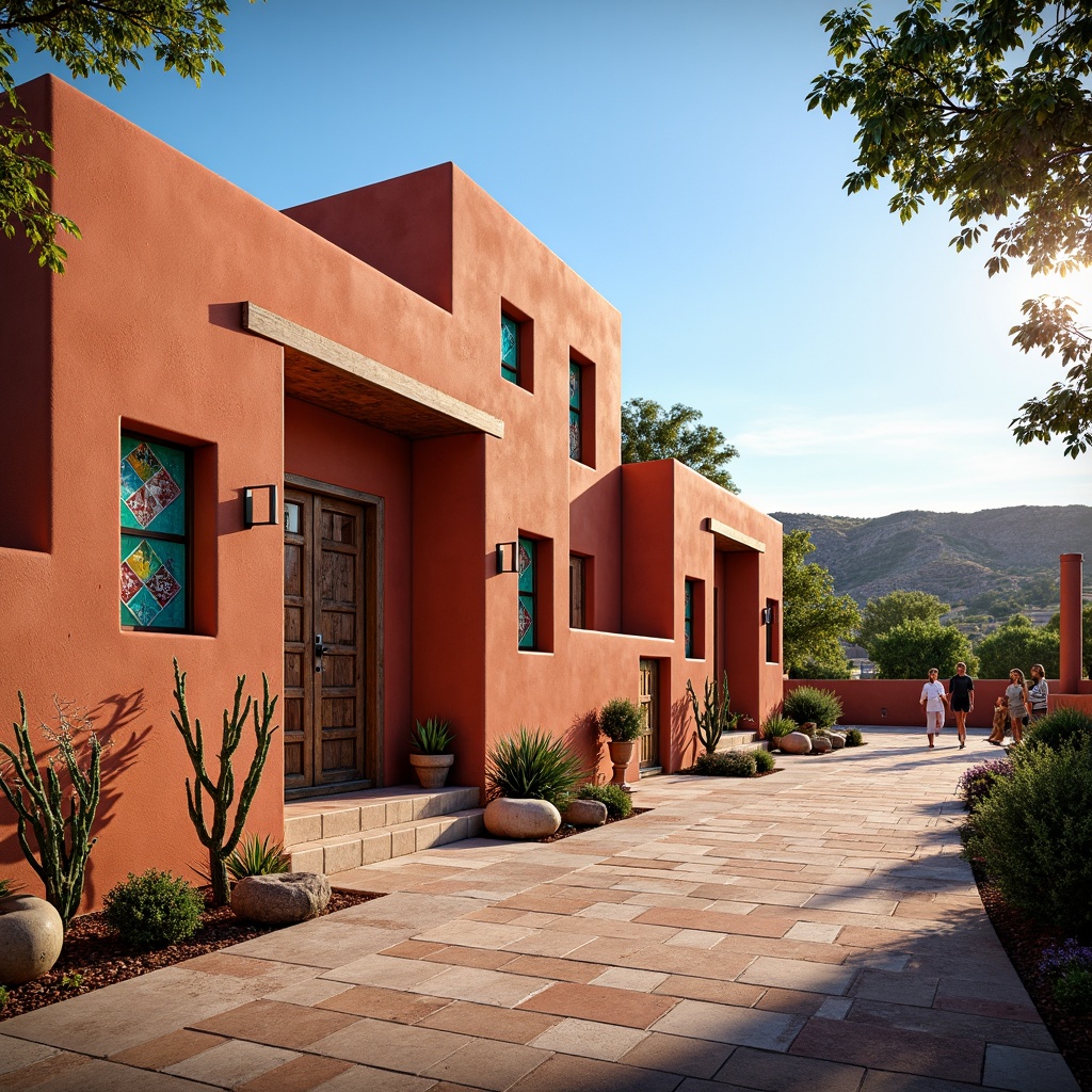 Prompt: Vibrant adobe architecture, earthy red tones, warm beige stucco, turquoise accents, rustic wooden doors, ornate metalwork, colorful tile mosaics, vibrant stained glass windows, natural stone flooring, soft warm lighting, shallow depth of field, 3/4 composition, panoramic view, realistic textures, ambient occlusion, desert landscape, cacti plants, hot sunny day, clear blue sky, vast open space.