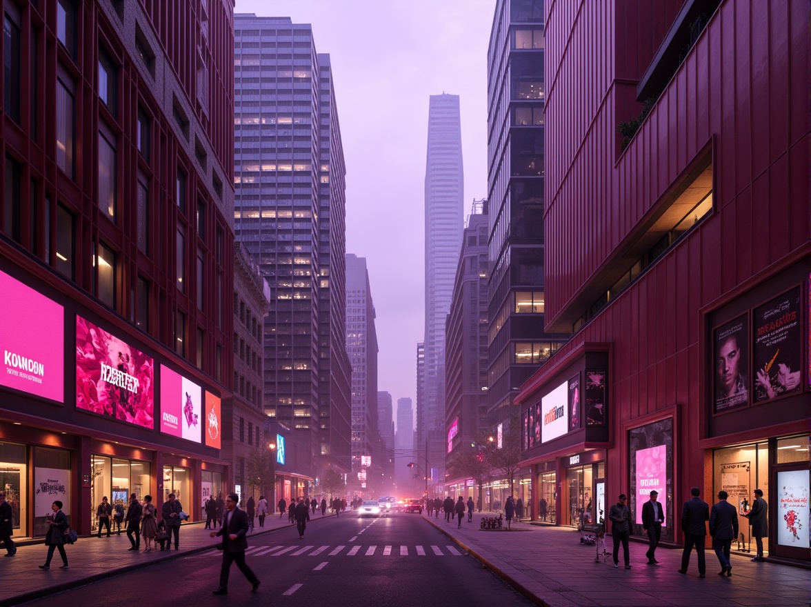 Prompt: Futuristic cityscape, burgundy skyscrapers, neon-lit streets, metallic surfaces, holographic advertisements, levitating vehicles, sleek robots, cyberpunk ambiance, vibrant purple accents, deep crimson hues, iridescent glass facades, angular architecture, dynamic LED lighting, misty atmospheric effects, shallow depth of field, 1/1 composition, high-angle shot, cinematic realism, advanced technologies, innovative materials.