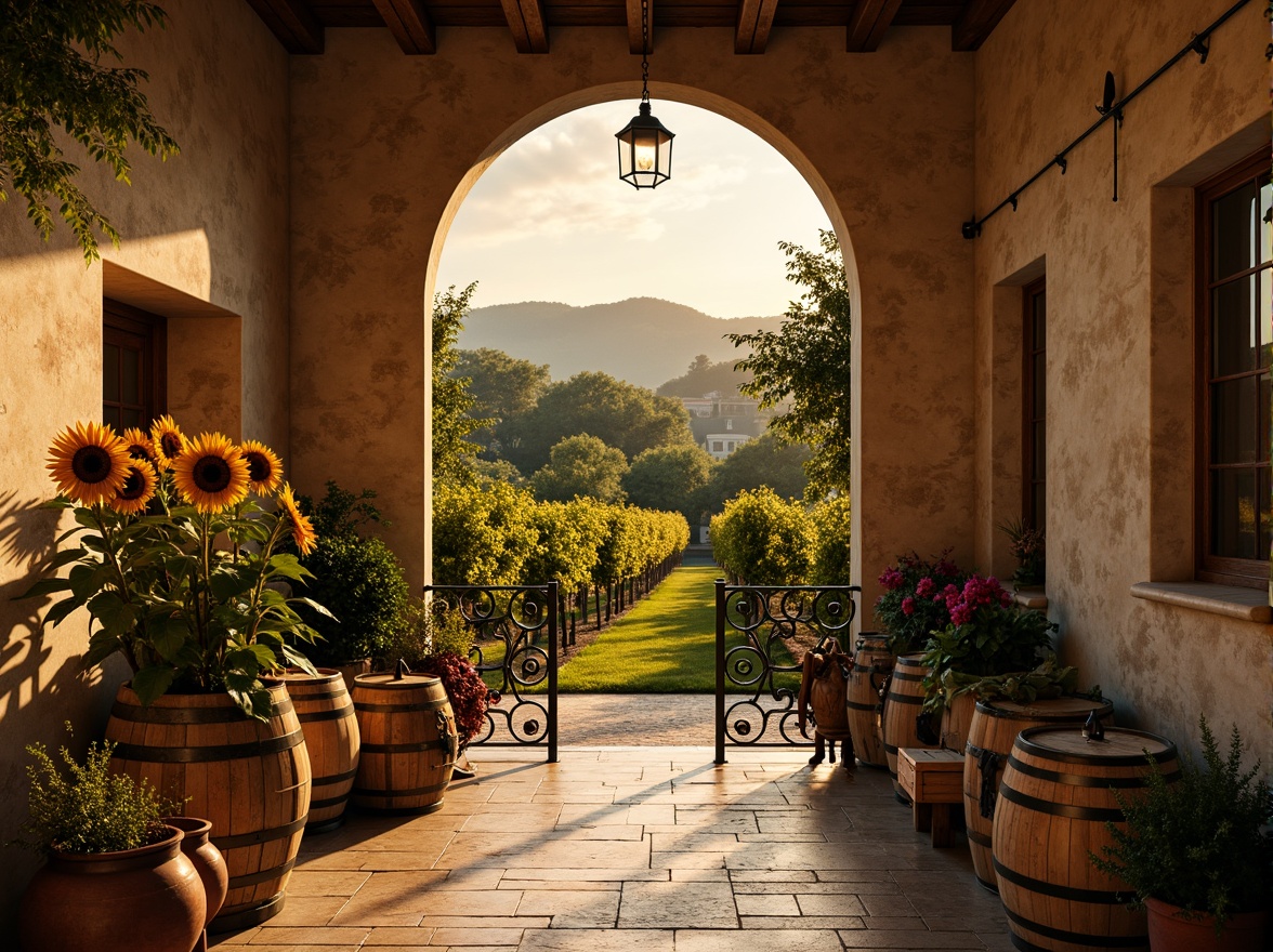 Prompt: Rustic winery, earthy tones, warm beige walls, rich wooden barrels, lush green vineyards, golden sunflowers, crimson grapes, soft natural lighting, cozy atmosphere, wine cellar ambiance, stone flooring, vintage wine-making equipment, ornate metal gates, rolling hills, Tuscan-inspired landscape, warm sunset, soft focus, 1/1 composition, realistic textures.