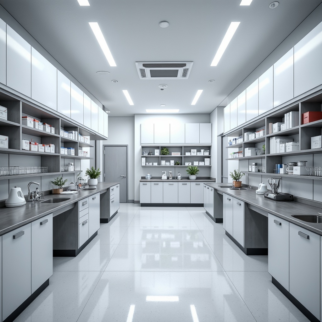 Prompt: Modern laboratory interior, sleek epoxy resin floors, glossy white walls, ceiling-mounted shelving units, industrial-style metal cabinets, stainless steel countertops, adjustable LED lighting systems, minimalist decor, neutral color palette, sterile environment, futuristic ambiance, high-gloss finishes, durable materials, easy-to-clean surfaces, modular furniture design, ergonomic workstations, collaborative open spaces, acoustic soundproofing, subtle texture variations, 1/1 composition, softbox lighting, realistic reflections.