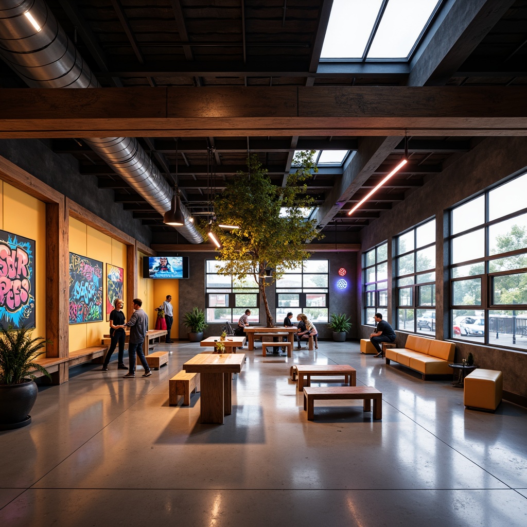 Prompt: Vibrant youth center, modern industrial design, exposed ductwork, polished concrete floors, wooden accents, colorful graffiti walls, energetic atmosphere, dynamic lighting fixtures, suspended pendant lights, neon signs, LED strips, floor lamps, table lamps, natural daylight, large windows, skylights, soft warm glow, 1/1 composition, shallow depth of field, realistic textures, ambient occlusion.