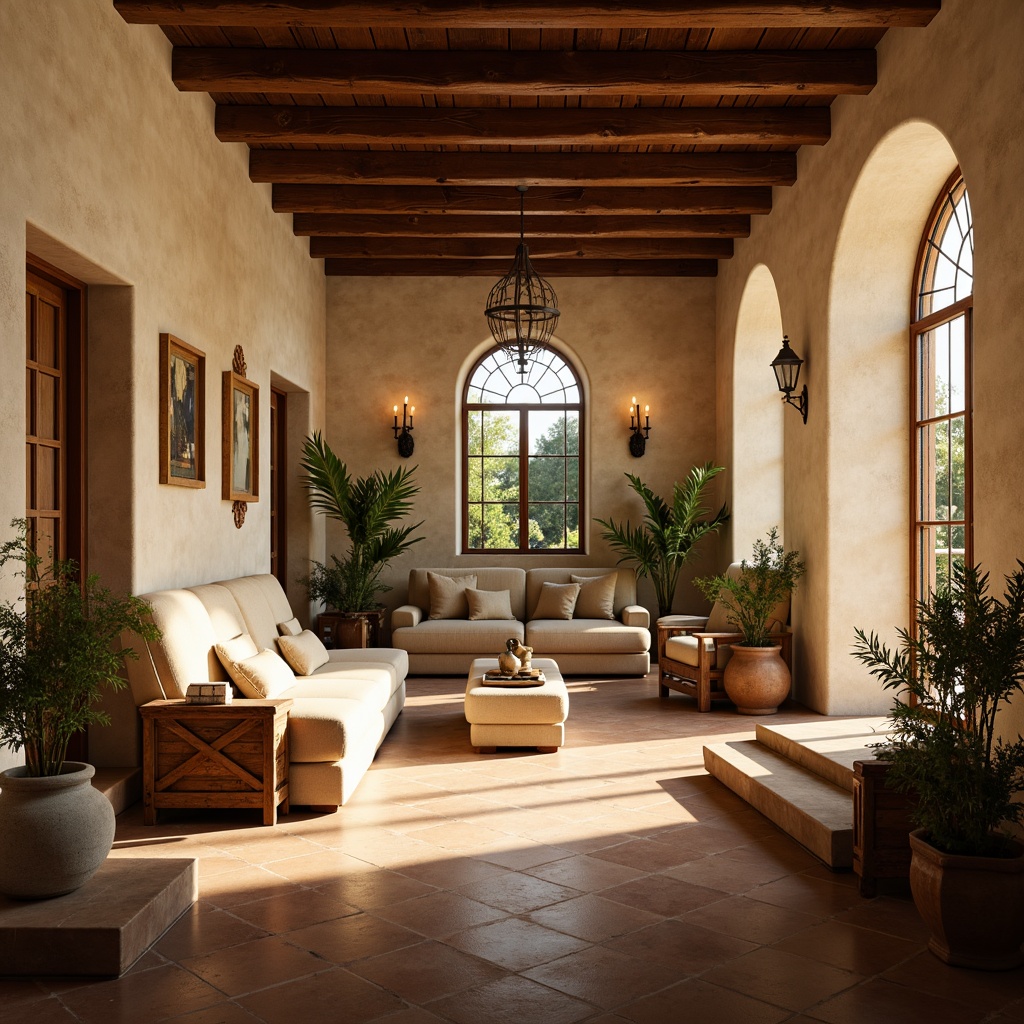 Prompt: Soft warm natural light, serene monastery interior, rustic stone walls, wooden beam ceilings, arched windows, ornate ironwork, tranquil atmosphere, calming ambiance, Mediterranean-inspired decor, cream-colored stucco, terracotta flooring, distressed wood furniture, vintage artifacts, candlelight, warm beige tones, cozy nooks, intimate seating areas, subtle textures, gentle shadows, soft focus, 1/1 composition, inviting warm colors.