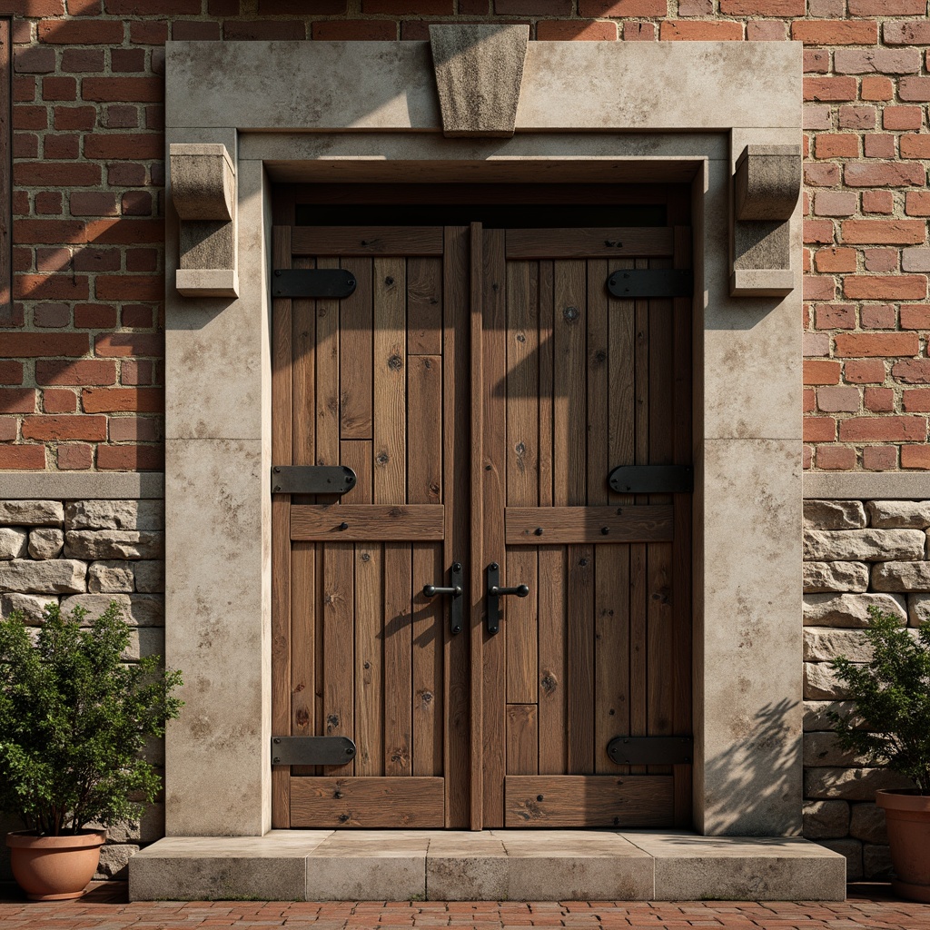 Prompt: Distressed wooden planks, reclaimed barn wood, earthy tone stone walls, rough-hewn granite, natural brick textures, worn concrete surfaces, vintage metal accents, rustic metal gates, ornate ironwork, decorative stonework, aged terracotta tiles, soft warm lighting, shallow depth of field, 1/1 composition, realistic materials, ambient occlusion.