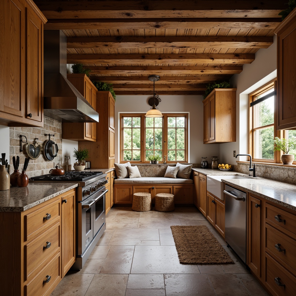 Prompt: Rustic traditional kitchen, warm wooden cabinetry, terrazzo countertops, earthy tones, natural stone flooring, exposed beam ceiling, cozy breakfast nook, pendant lighting, farmhouse sink, ornate metal fixtures, soft warm color palette, shallow depth of field, 1/1 composition, realistic textures, ambient occlusion.