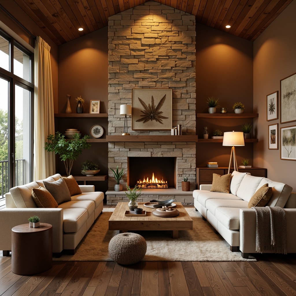 Prompt: Cozy family room, warm earthy tones, textured walls, natural stone accents, plush sectional sofas, rustic wooden coffee tables, soft golden lighting, inviting fireplace, comfortable velvet throw pillows, rich wood flooring, elegant cream-colored curtains, subtle geometric patterns, relaxed atmosphere, shallow depth of field, 2/3 composition, warm color palette, realistic textures.