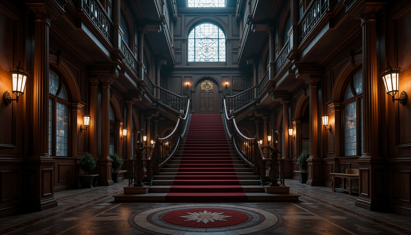 Prompt: Dark, mysterious ambiance, grandiose staircase, ornate Gothic arches, intricate stone carvings, rich wooden banisters, lavish velvet drapes, polished dark hardwood floors, inlaid marble patterns, antique bronze fixtures, mystical lanterns, dramatic shadows, high-contrast lighting, 1/2 composition, atmospheric perspective, detailed textures, cinematic mood.