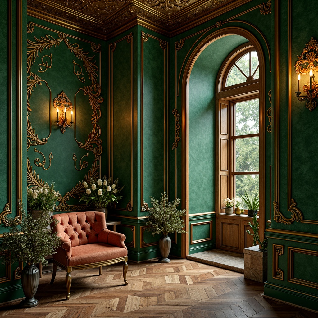 Prompt: Luxurious Art Nouveau interior, rich jewel-toned colors, emerald green walls, opulent gold accents, ornate wooden paneling, flowing organic patterns, whimsical botanical motifs, delicate florals, soft warm lighting, velvety textures, intricate metalwork, subtle sheen, 1/1 composition, intimate atmosphere, romantic ambiance.