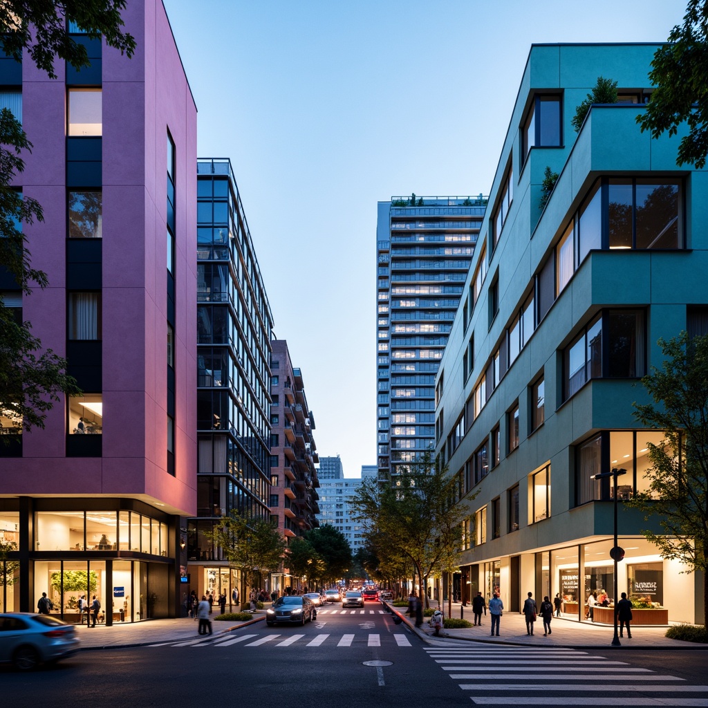 Prompt: Vibrant modern architecture, sleek glass buildings, urban cityscape, bustling streets, trendy coffee shops, minimalist design, monochromatic color scheme, bold accent walls, pastel hues, neon lights, warm evening ambiance, softbox lighting, 1/2 composition, shallow depth of field, realistic textures.