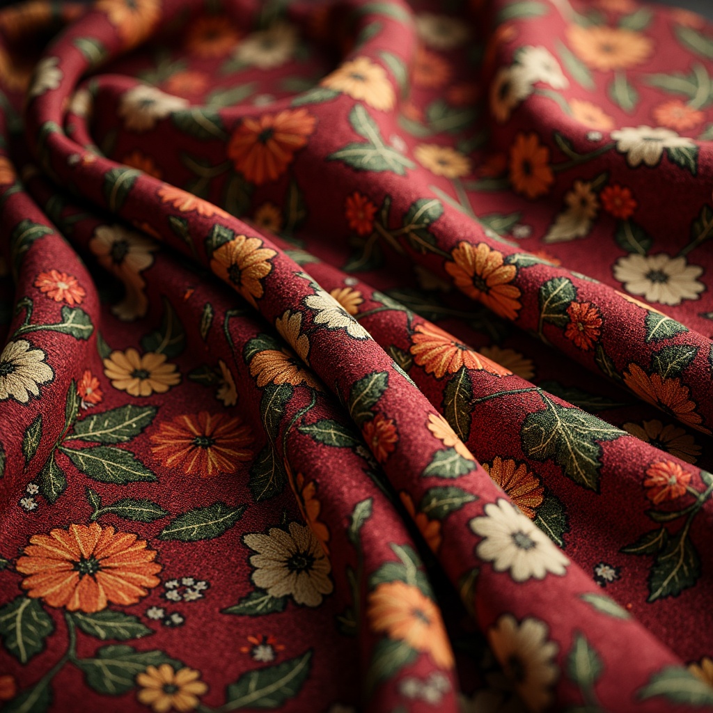 Prompt: Intricate floral patterns, sinuous lines, organic shapes, luxurious fabrics, velvet textures, rich jewel-toned colors, ornate metal accents, beaded embroidery, subtle sheen, flowing drapery, whimsical illustrations, elegant typography, nature-inspired motifs, soft warm lighting, shallow depth of field, 1/1 composition, intimate close-up views, realistic textures, ambient occlusion.