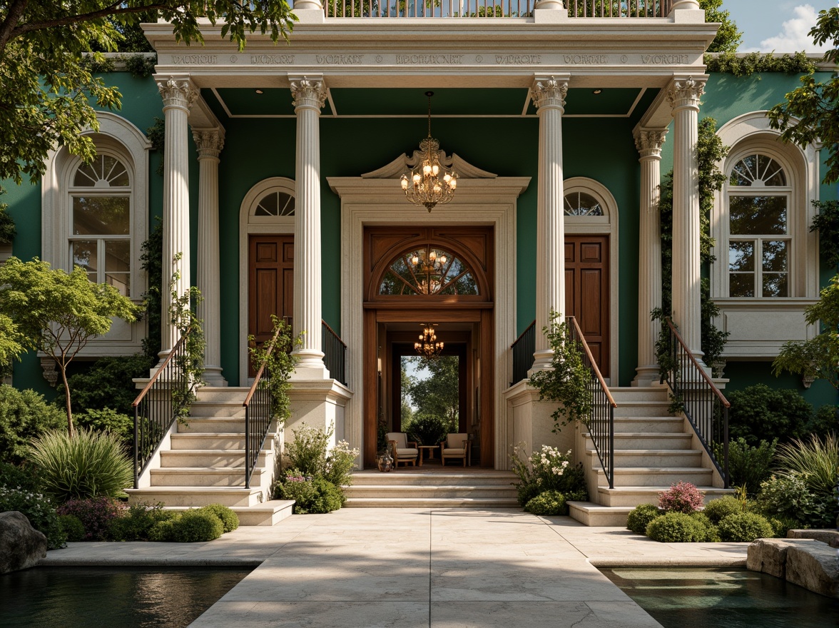 Prompt: Elegant neoclassical facade, ornate columns, grand entrance, lush green walls, cascading vines, blooming flowers, natural stone floors, polished marble surfaces, intricately carved wooden doors, stately staircases, opulent chandeliers, soft warm lighting, shallow depth of field, 3/4 composition, panoramic view, realistic textures, ambient occlusion, serene atmosphere, vibrant foliage, exotic plants, delicate water features, misty morning light.