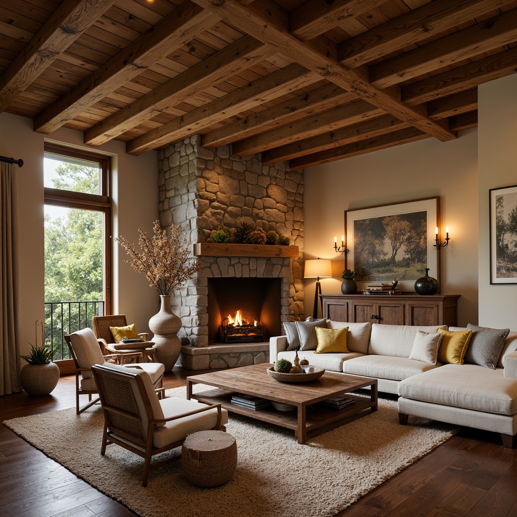 Prompt: Cozy great room, rustic wooden beams, warm stone fireplace, plush sectional sofa, earthy tone walls, natural fiber rugs, vintage wooden furniture, metal lanterns, candlelight ambiance, soft warm lighting, shallow depth of field, 1/1 composition, intimate atmosphere, textured wood accents, woven baskets, nature-inspired artwork, distressed finishes, reclaimed wood, warm beige tones, autumnal color palette.