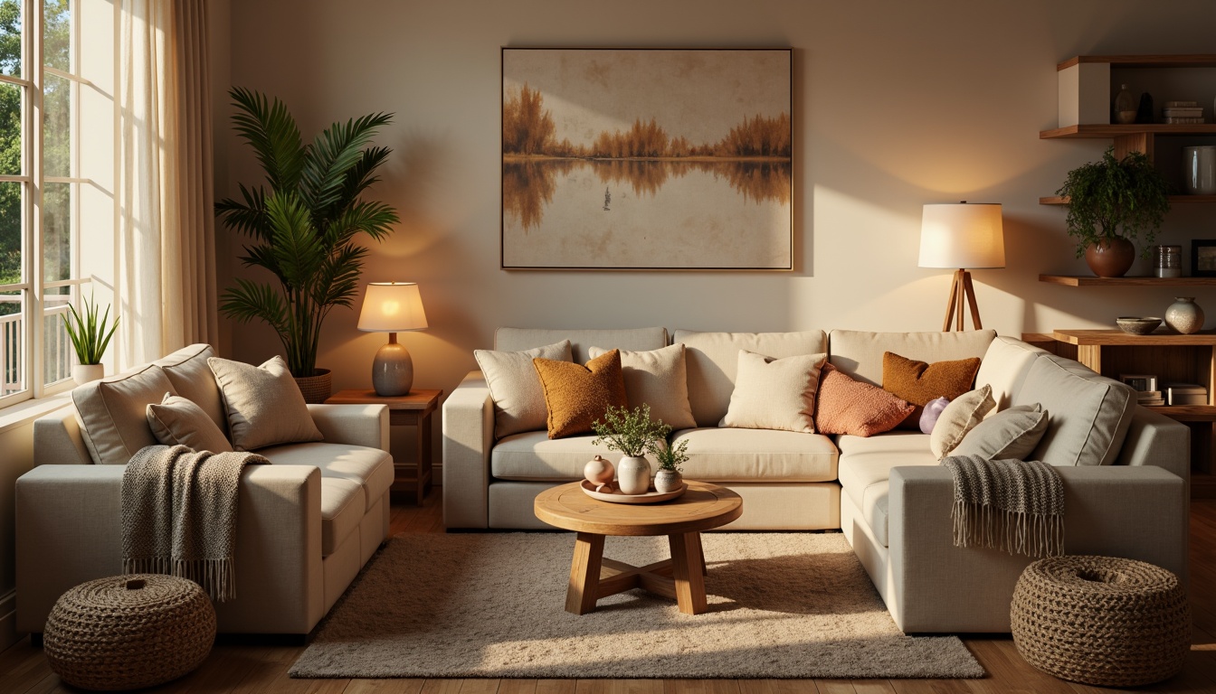 Prompt: Cozy living room, plush furniture, soft velvet upholstery, warm beige colors, natural woven fibers, chunky knitted blankets, faux fur throws, comfortable seating areas, intimate ambient lighting, wooden floorboards, rustic side tables, modern minimalist decor, abstract artwork, calming color palette, relaxing atmosphere, shallow depth of field, 1/1 composition, warm golden lighting, realistic fabric textures.