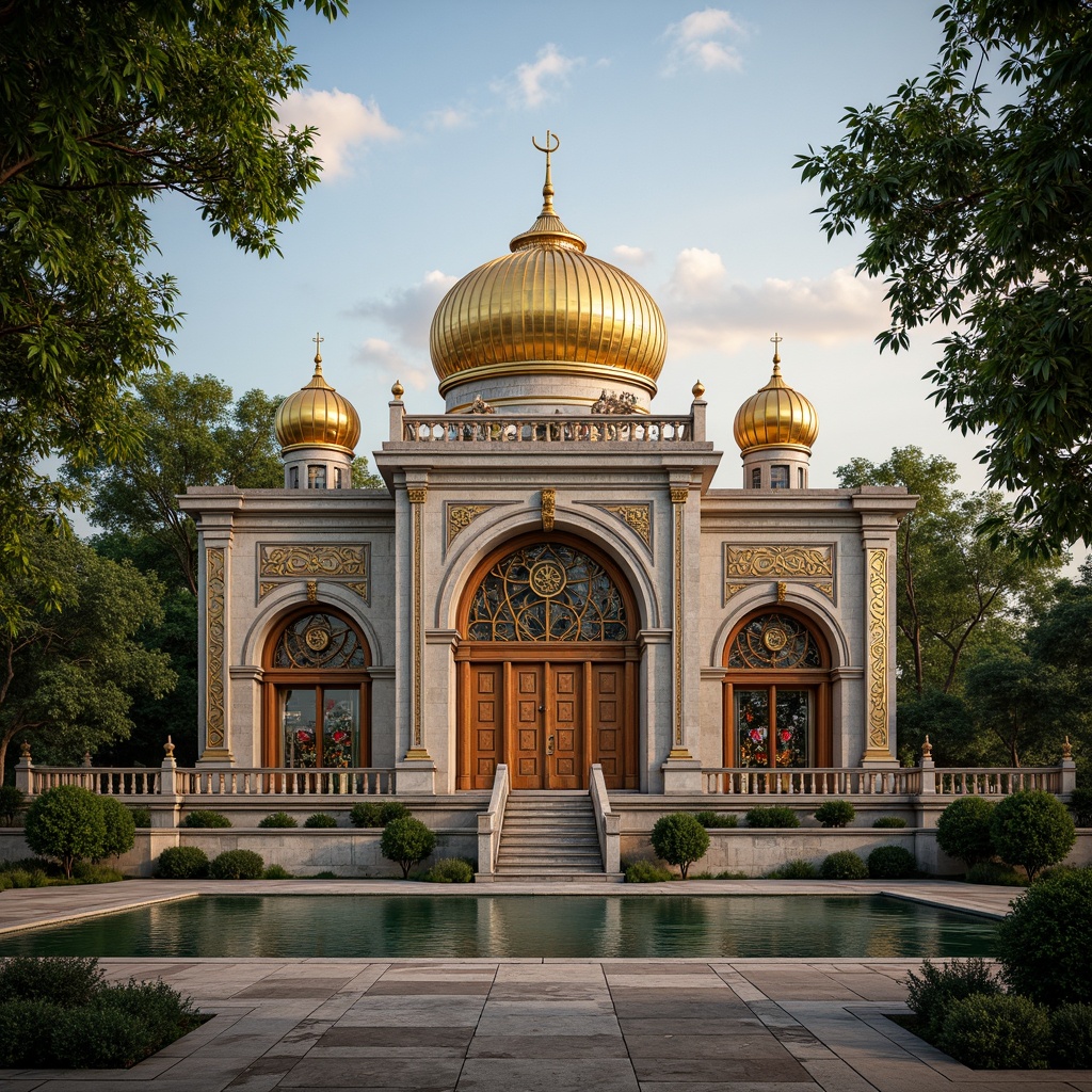 Prompt: Sacred temple, ornate golden domes, intricately carved wooden doors, stained glass windows, vibrant blue and red hues, subtle cream and beige tones, rich brown wood accents, majestic stone pillars, serene natural surroundings, lush greenery, peaceful water features, warm soft lighting, shallow depth of field, 1/1 composition, symmetrical architecture, ornate frescoes, intricate mosaics, ambient occlusion.