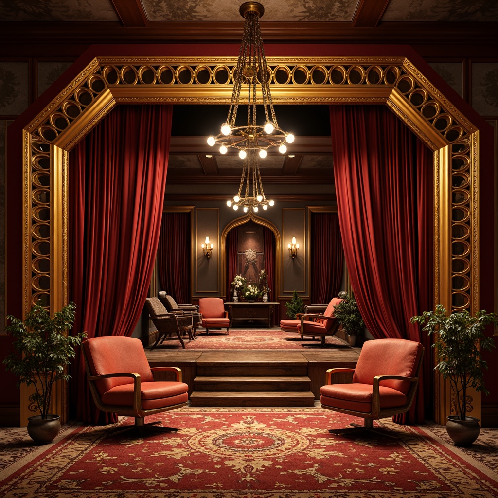 Prompt: Luxurious velvet curtains, golden ornate frames, richly patterned rugs, curved wooden benches, intricately carved armchairs, delicate glass chandeliers, flowing organic lines, sinuous metalwork, majestic stage-inspired furniture, dramatic lighting fixtures, plush upholstery, lavish fabrics, opulent colors, soft warm glow, low-key ambient lighting, cinematic atmosphere, 1/1 composition, ornate decorative patterns, realistic textures, subtle ambient occlusion.