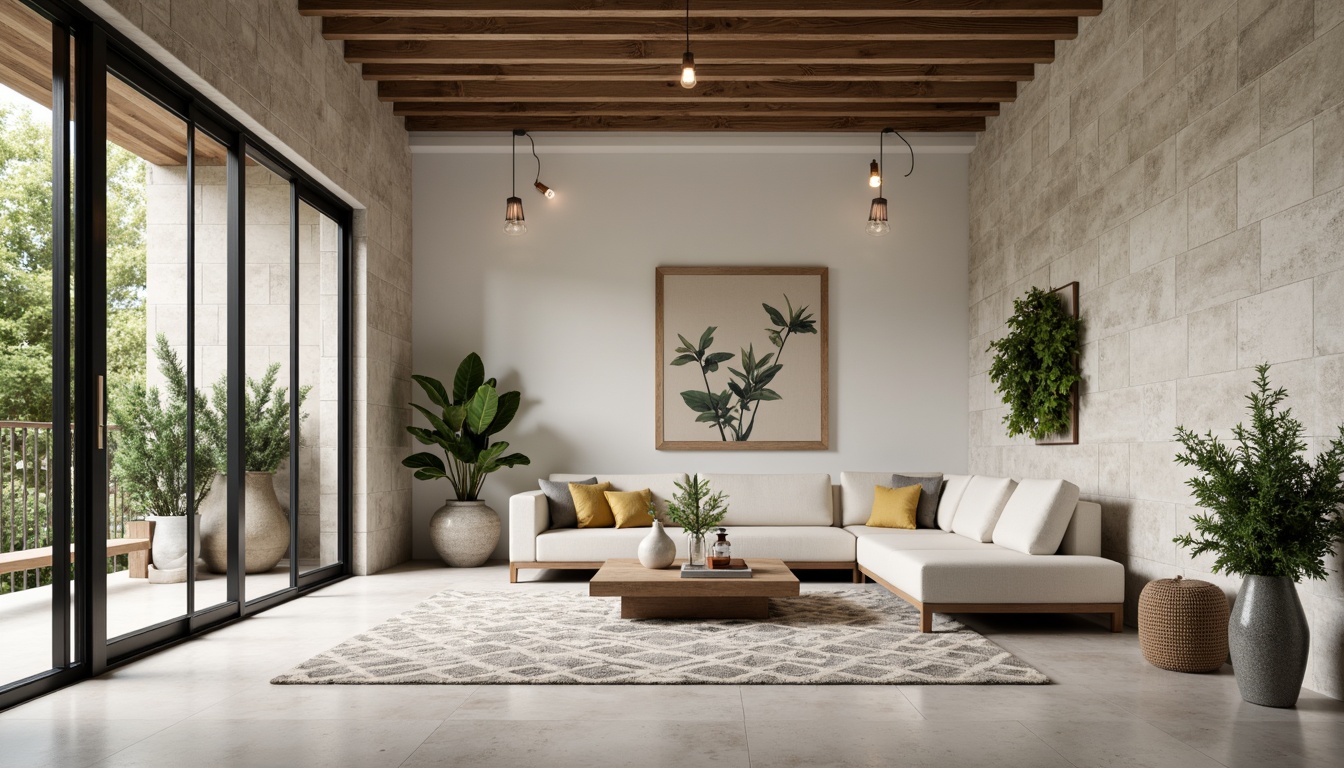 Prompt: Simple minimalist living room, natural stone walls, polished concrete floors, floor-to-ceiling windows, sliding glass doors, abundant natural light, airy atmosphere, greenery plants, wooden accents, industrial-chic lighting fixtures, modern sectional sofa, geometric-patterned rug, abstract art pieces, soft warm color palette, shallow depth of field, 1/1 composition, realistic textures, ambient occlusion.