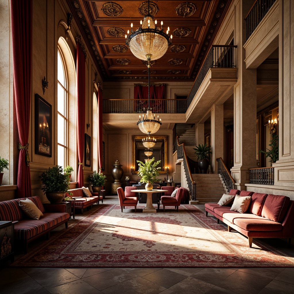 Prompt: Ornate student hall, rich wood tones, gilded accents, velvet drapes, crystal chandeliers, intricately carved furniture, tufted upholstery, majestic stone columns, grand staircases, ornamental mirrors, luxurious rugs, regal color palette, warm golden lighting, shallow depth of field, 1/1 composition, detailed textures, ambient occlusion.