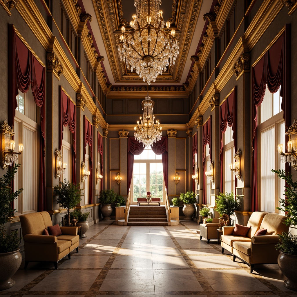 Prompt: Grandiose palace, intricately carved stonework, ornate furnishings, lavish chandeliers, crystal decorations, velvet drapes, gilded accents, Baroque-inspired architecture, opulent marble floors, grand staircases, majestic entrance halls, regal color palette, warm golden lighting, shallow depth of field, 1/1 composition, realistic textures, ambient occlusion.