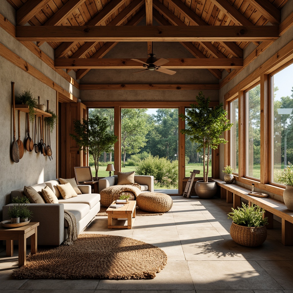 Prompt: Rustic farmhouse, open layout, wooden beams, natural stone walls, earthy color palette, vintage farm tools, woven baskets, distressed wood furniture, plush throw blankets, cozy reading nooks, large windows, sliding glass doors, lush greenery, wildflowers, sunny day, soft warm lighting, shallow depth of field, 3/4 composition, panoramic view, realistic textures, ambient occlusion.