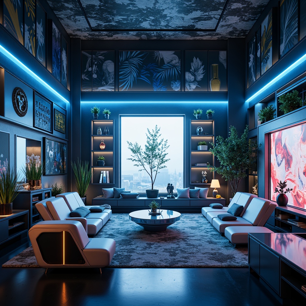 Prompt: Futuristic living room, sleek metallic furniture, neon-lit ambient lighting, glass coffee tables, minimalist decor, curved lines, avant-garde sculptures, holographic displays, levitating chairs, translucent cabinets, virtual reality integration, retro-futuristic color schemes, glowing accents, high-tech materials, ergonomic design, 3D-printed decorative elements, atmospheric fog effects, cinematic lighting, shallow depth of field, 1/1 composition, panoramic view.