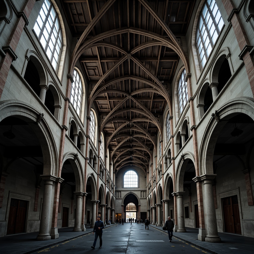 Prompt: Intricate Gothic arches, ribbed vaults, flying buttresses, ornate stone carvings, grand cathedrals, steel beam frameworks, industrial materials, modern twists, sleek lines, minimalist decorations, urban landscapes, overcast skies, dramatic lighting, high contrast, 1/2 composition, low angle shots, realistic textures, ambient occlusion.