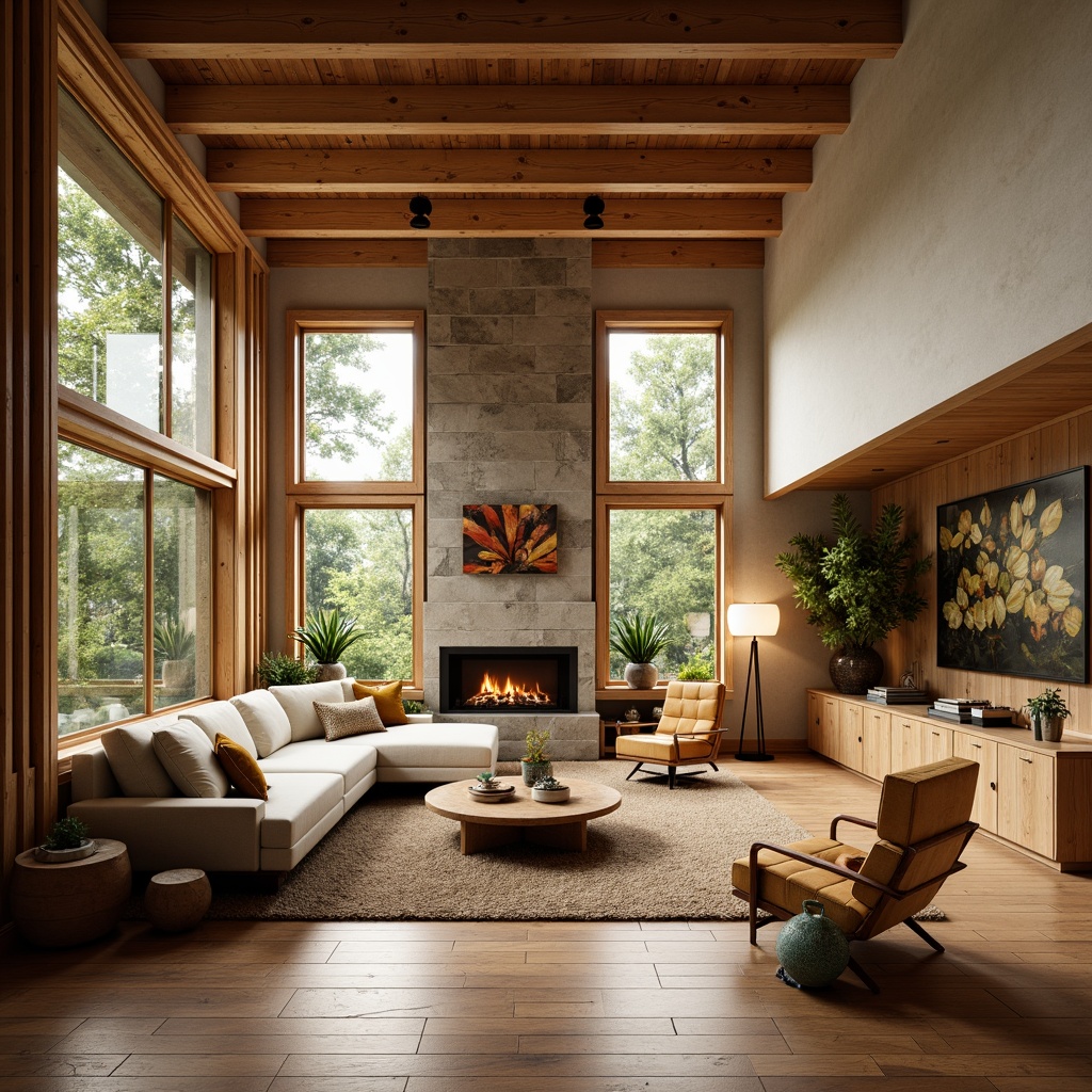 Prompt: Cozy living room, natural wood accents, earthy color palette, organic shapes, geometric patterns, retro-inspired furniture, comfortable couches, vintage decor pieces, large windows, abundant natural light, soft warm glow, 1/1 composition, shallow depth of field, realistic textures, ambient occlusion, minimal ornamentation, functional simplicity, mid-century modern aesthetic, open floor plan, spacious atmosphere.