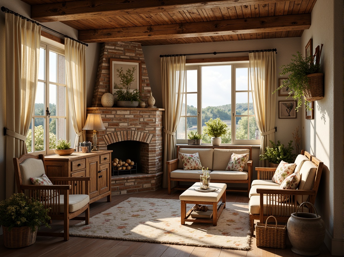 Prompt: Rustic French country cottage, vintage distressed wood, soft golden lighting, plush velvet fabrics, ornate carved furniture, floral patterns, pastel color palette, lace curtains, stone walls, natural linen textiles, woven baskets, antique decorative accents, countryside landscape, rolling hills, blooming wildflowers, warm sunny afternoon, shallow depth of field, 1/2 composition, realistic textures, ambient occlusion.