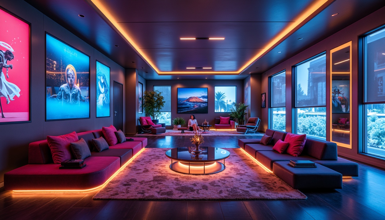 Prompt: Futuristic living room, metallic accents, sleek low-profile furniture, glowing LED lights, transparent glass coffee tables, velvet soft couches, neon-colored throw pillows, chrome-plated side tables, minimalist decor, holographic displays, virtual reality headsets, curved lines, ergonomic design, high-tech gadgets, ambient lighting, shallow depth of field, 1/1 composition, panoramic view, realistic textures, ambient occlusion.