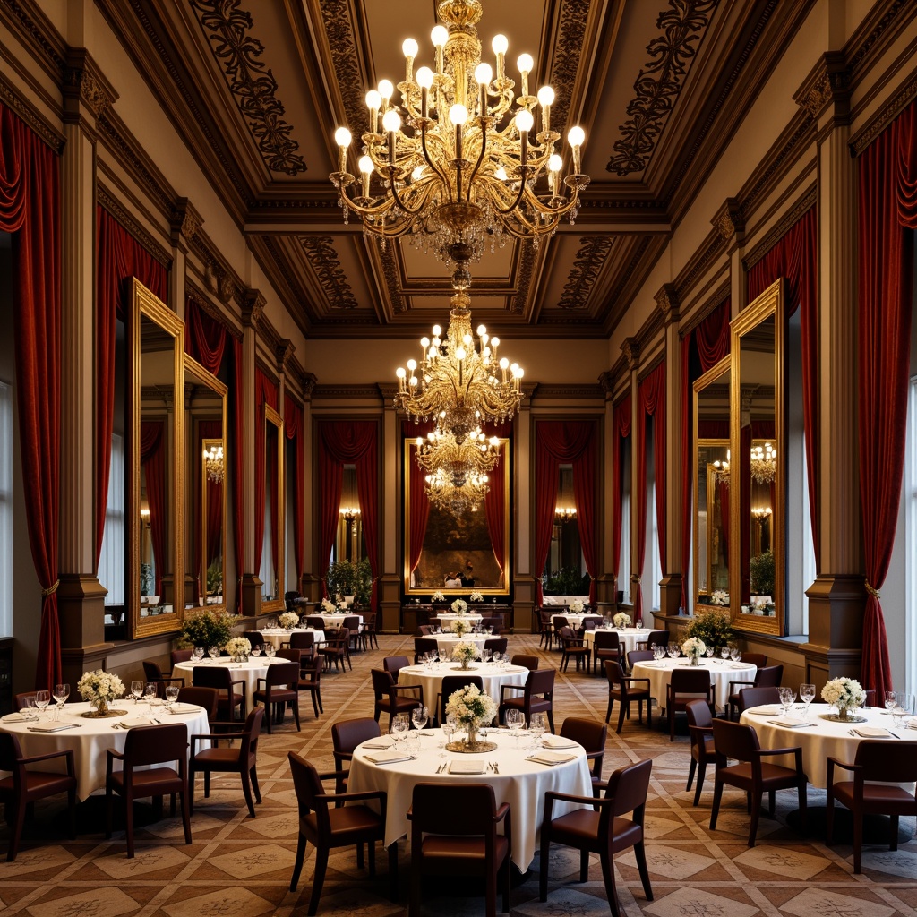 Prompt: Luxurious dining hall, grand chandeliers, rich velvet drapes, ornate mirrors, carved wooden furniture, gilded frames, intricate moldings, neoclassical columns, marble floors, crystal glassware, fine china, elegant centerpieces, soft warm lighting, shallow depth of field, 1/1 composition, realistic textures, ambient occlusion.