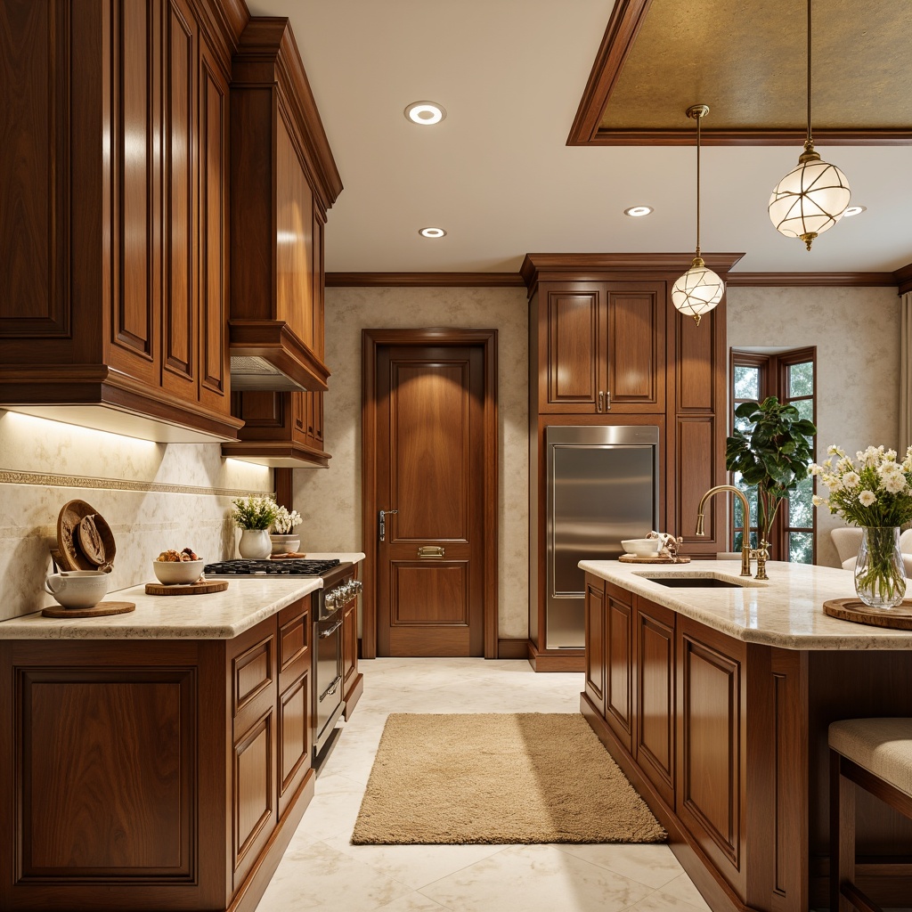 Prompt: Elegant kitchen, warm beige walls, rich wood cabinetry, ornate moldings, sophisticated lighting fixtures, luxurious terrazzo countertops, subtle marble patterns, earthy tone color scheme, refined furniture pieces, plush area rugs, soft warm lighting, shallow depth of field, 1/1 composition, realistic textures, ambient occlusion.